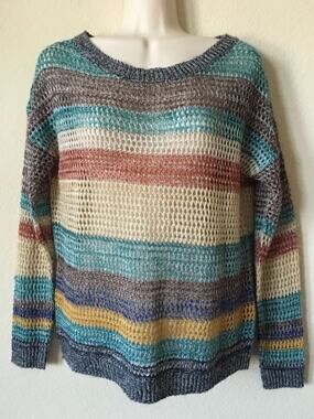Full Tilt Beige Blue Gray Open Stitch Knit Long Sleeve Sweater Top Size S